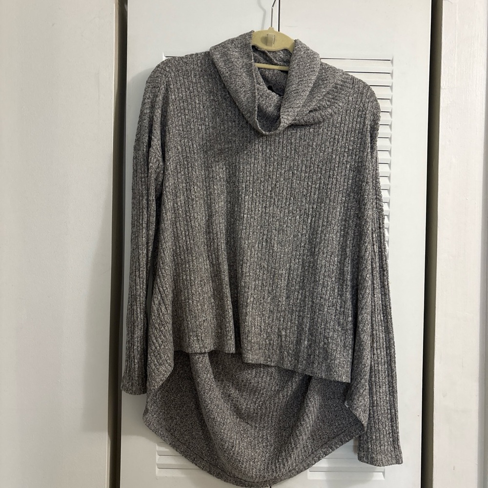 Cozy Gray Ribbed Cowl-Neck Sweater